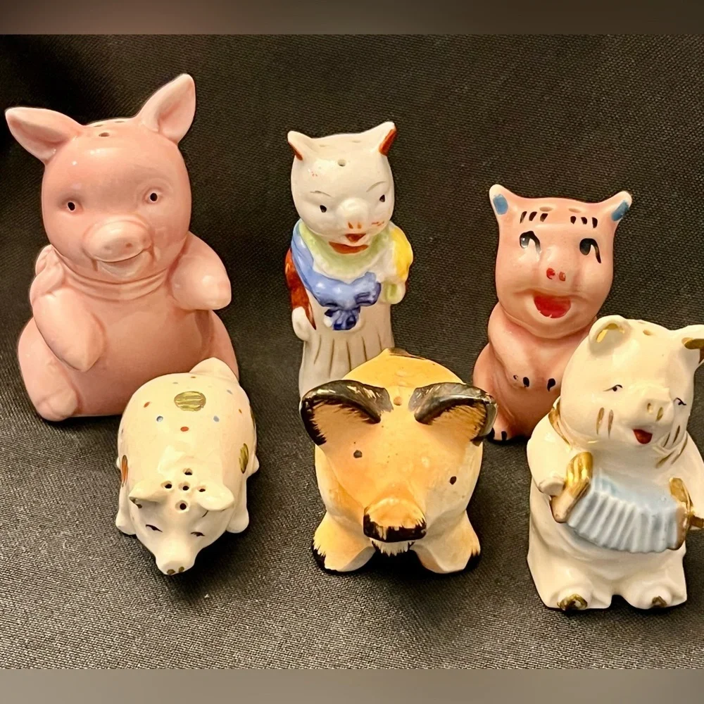 6pc Lot VTG Japan MCM Anthropomorphic Ceramic Pig Figurines Kitschy Whimsigoth